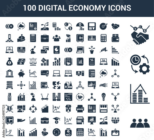100 Digital Economy universal icons set with Population, Profits, Productivity, Deal, Handshake, Growth, Invoice, Savings, Exchange