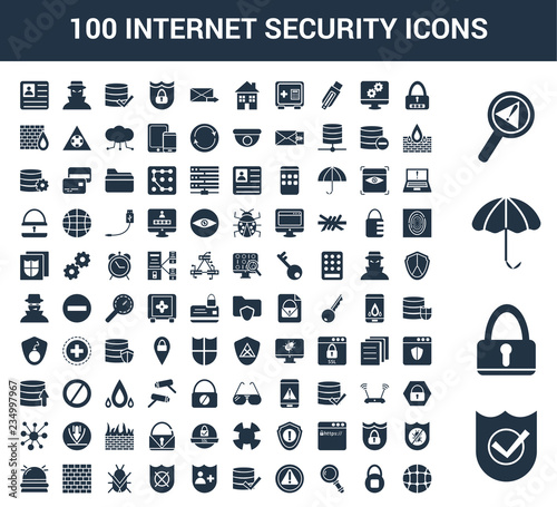 100 Internet Security universal icons set with Shield, Lock, Umbrella, Problem, Password, Safe, Find, Warning, Verification, Insurance