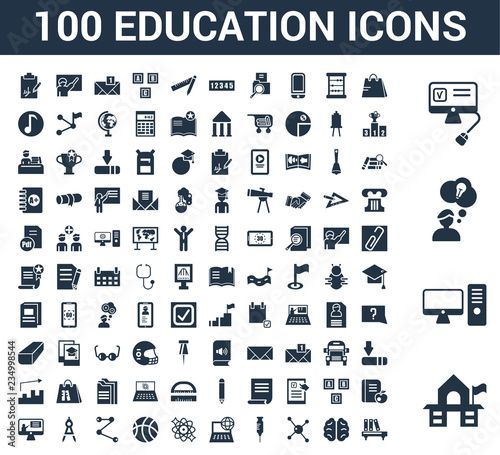 100 Education universal icons set with Old School, Desktop computer, Having an idea, Online test, Shopping cart, Human Brain, Molecular bond, Syringe, Computer and network, Atomic orbitals