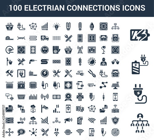 100 Electrian Connections universal icons set with Network, Plug, Charging, Battery, Lan, Ethernet, Sms, Full, World, Medium