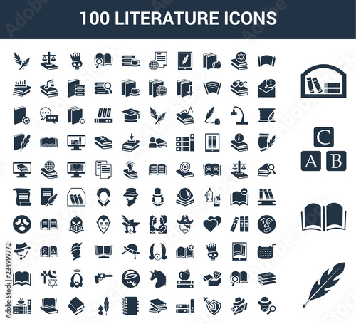 100 Literature universal icons set with Quill, Open book, Abc, Bookshelf, Manuscript, Spy, Knight, Books, Book, Agenda