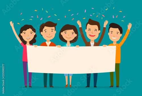 Friends congratulate on holiday. Congratulation, felicitation concept. Cartoon vector illustration