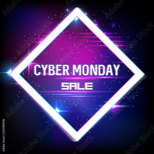 Banner for cyber monday sale with neon and glitch effects. Cyber Monday, online shopping and marketing concept. Poster design. Vector illustration.