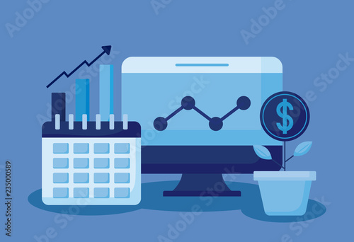 monitor computer with set icons economy finance