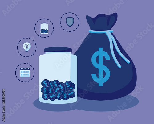 money bag with set icons economy finance
