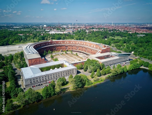 Former Nazi party rally grounds at the large Dutzendteich, Serenadenhof on the left, documentation centre on the right, unfinished Congress Hall of the NSDAP 1933-1945, Nuremberg, Middle Franconia, Franken, Bayern, Germany, Europe