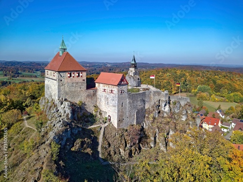 Hohenstein Castle, drone shot, Franconian Alb, Hersbruck Alb, Middle Franconia, Franconia, Bavaria, Germany, Europe