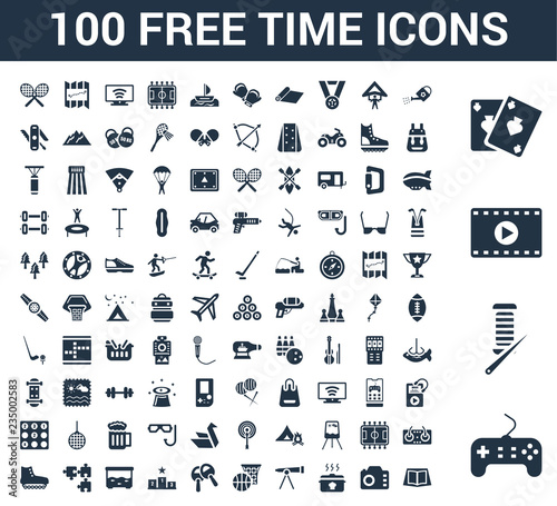 100 free time universal icons set with Game controller, Knitting, Movie, Card, Gardening, Camera, Cooking, Telescope, Basketball, Table tennis