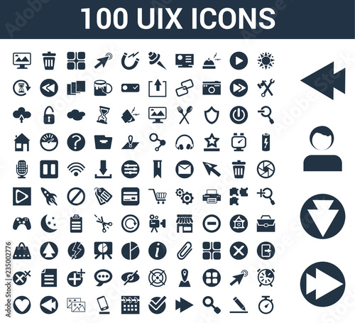 100 UIX universal icons set with Right arrow, Down Profile, Left Sun, Edit, Search, Correct, Calendar photo