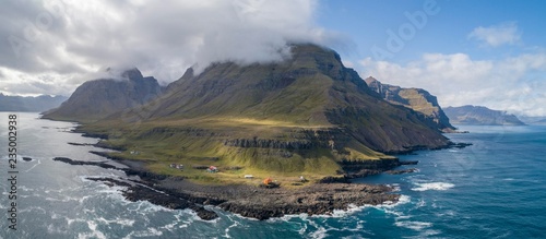 Drone shot, Dalatangi lighthouse, Mjoifjorour fjord, east fjords, Iceland, Europe photo