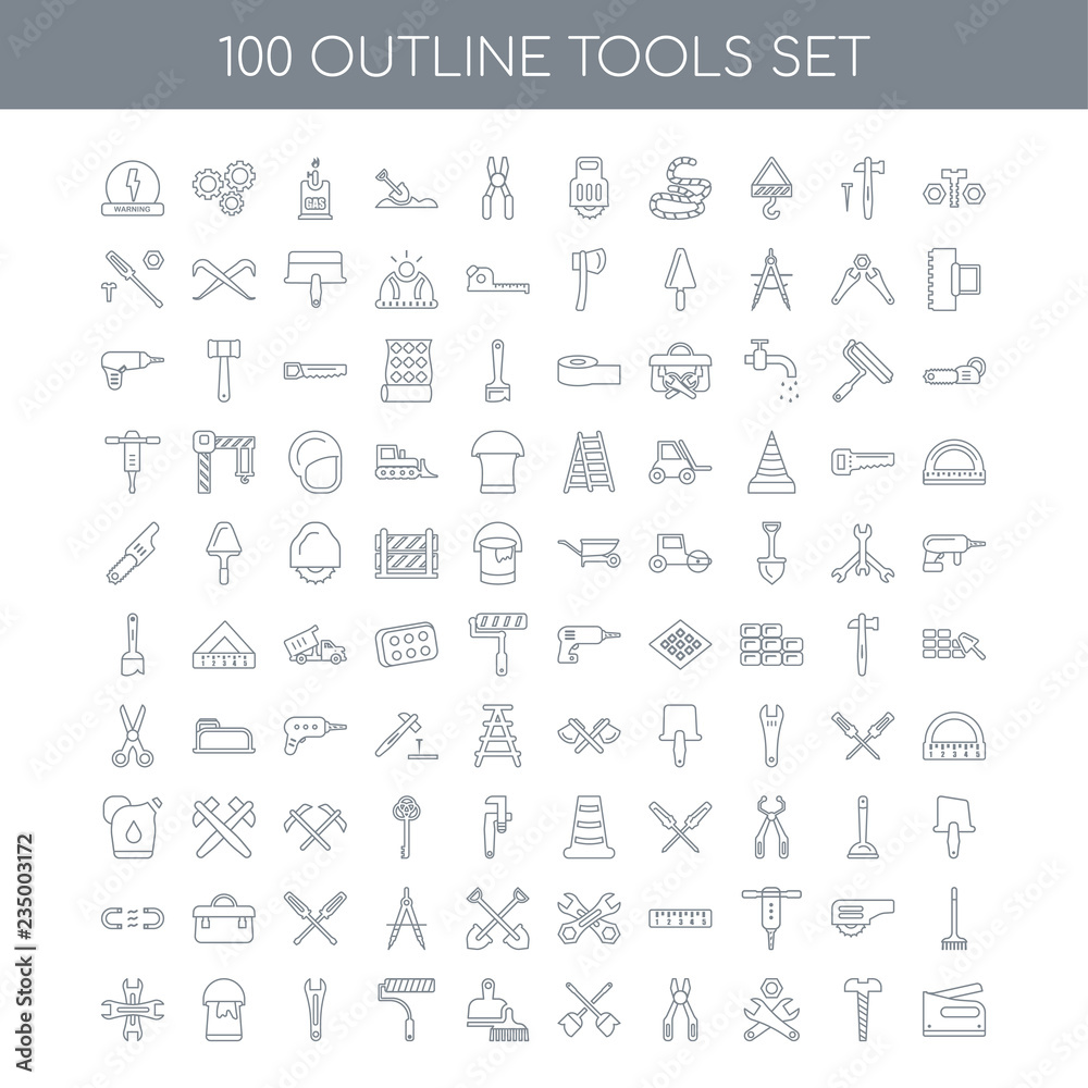 100 tools outline icons set such as Nuts and Bolts linear, Garag 100 tools outline icons set such as Nuts and Bolts linear, Garag