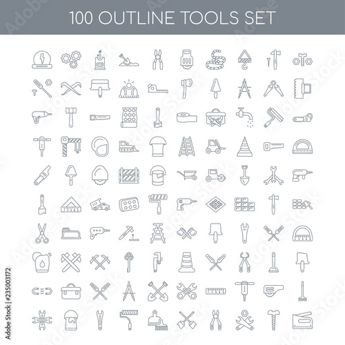 100 tools outline icons set such as Nuts and Bolts linear, Garag