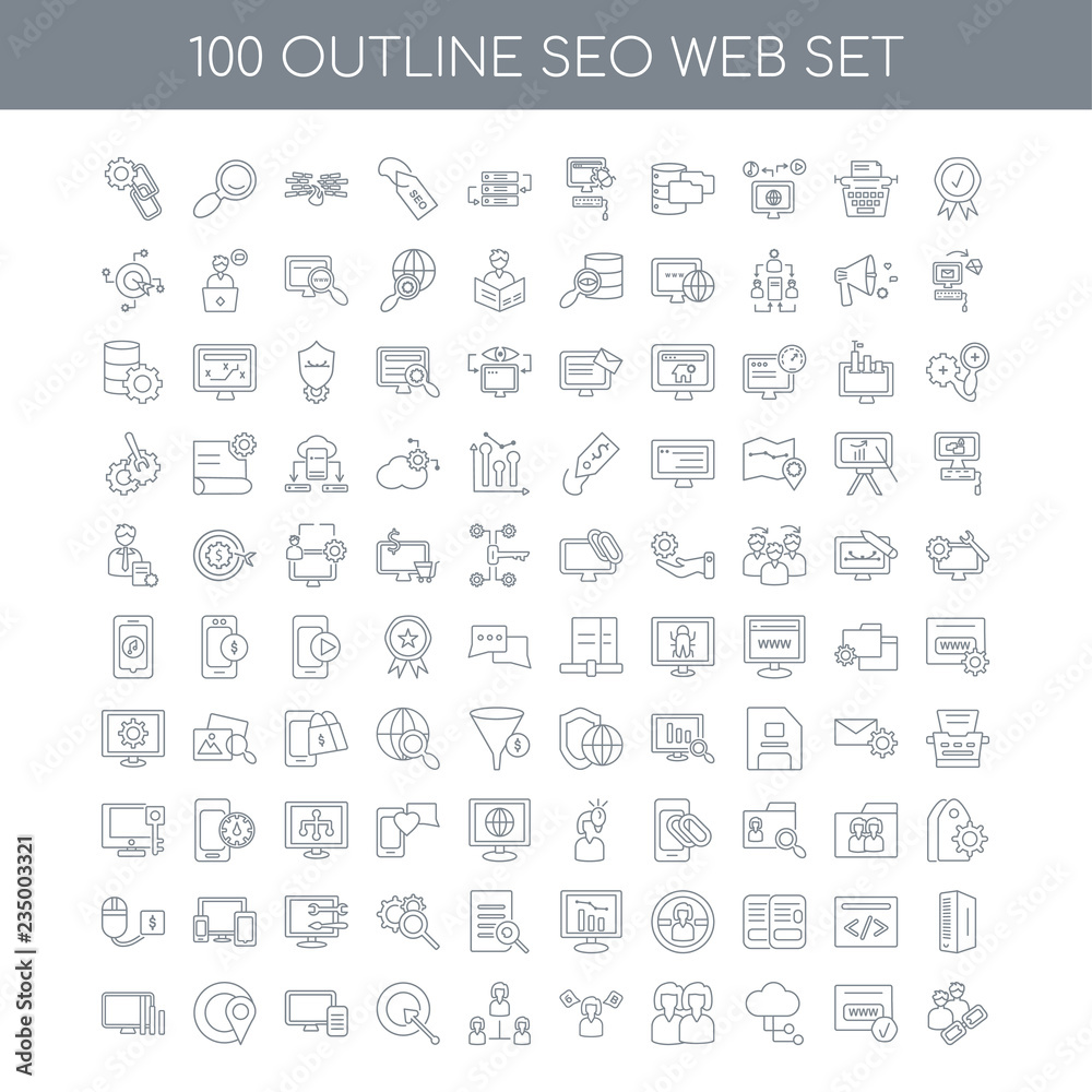 100 SEO WEB outline icons set such as Quality linear, Domain reg