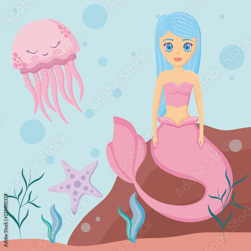 cute siren with octopus and starfish