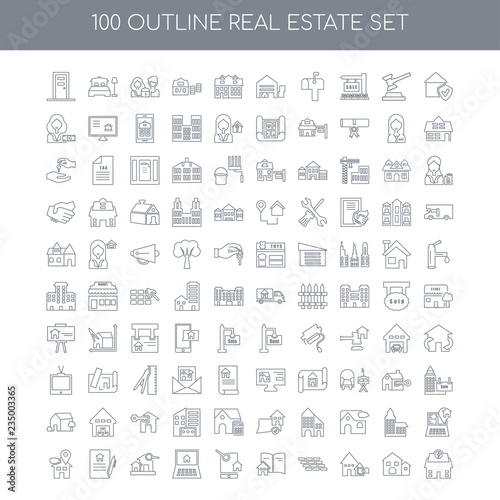 100 Real estate outline icons set such as Guarantee linear, Depo