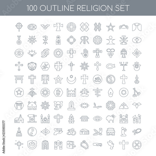 100 religion outline icons set such as Angel linear, Cross Dove