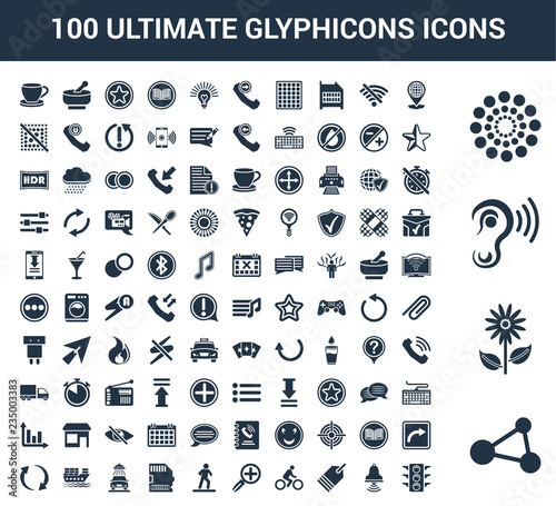 100 Ultimate Glyphicons universal icons set with Share, Flower Leaves, Ear Sound Bar, Big and Small Dots, Map Placeholder, Alarm Bell, Clothes Label, Man On Motorbike