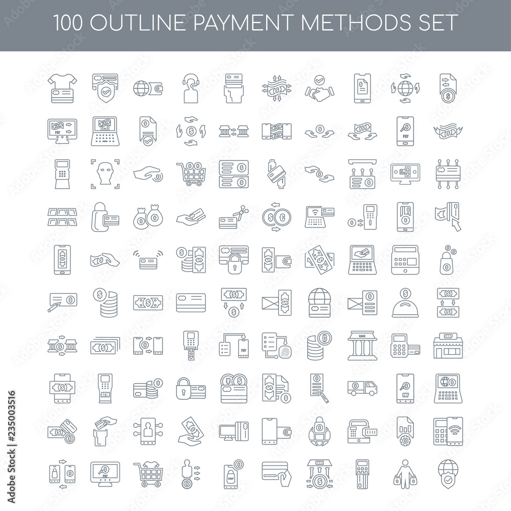 100 Payment methods outline icons set such as Transfer linear, B