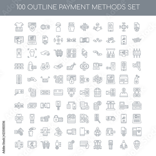 100 Payment methods outline icons set such as Transfer linear, B