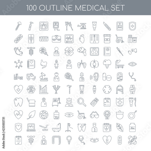 100 medical outline icons set such as Medical insurance linear,