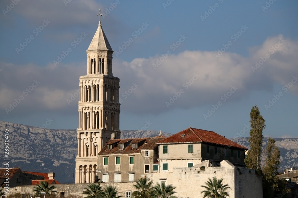 Saint Domnius bell tower and old houses in Split, Croatia. Split is popular coastal travel destination.