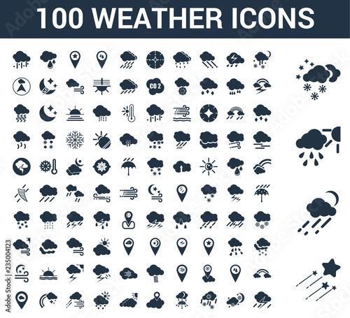 100 weather universal icons set with Shooting star, Rainy, Snow, Snowy, Placeholder, Cloudy
