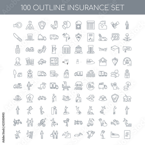 100 insurance outline icons set such as Accident linear, Hospita