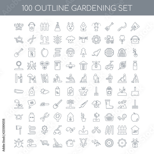 100 Gardening outline icons set such as Paintbrush linear, Flowe