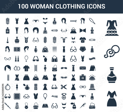 100 Woman Clothing universal icons set with Vintage dress, Perfume bottle, Round earrings, Feminine fashion, Eyebrow, Needle, Parfum, Swimsuit feminine, eyeglasses, Female black handbag