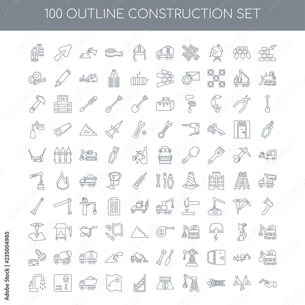 100 construction outline icons set such as Constructing a Brick