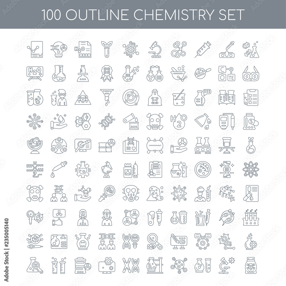 100 chemistry outline icons set such as Cell division linear, Mi 100 chemistry outline icons set such as Cell division linear, Mi