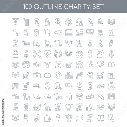 100 charity outline icons set such as People linear, Voluntary S
