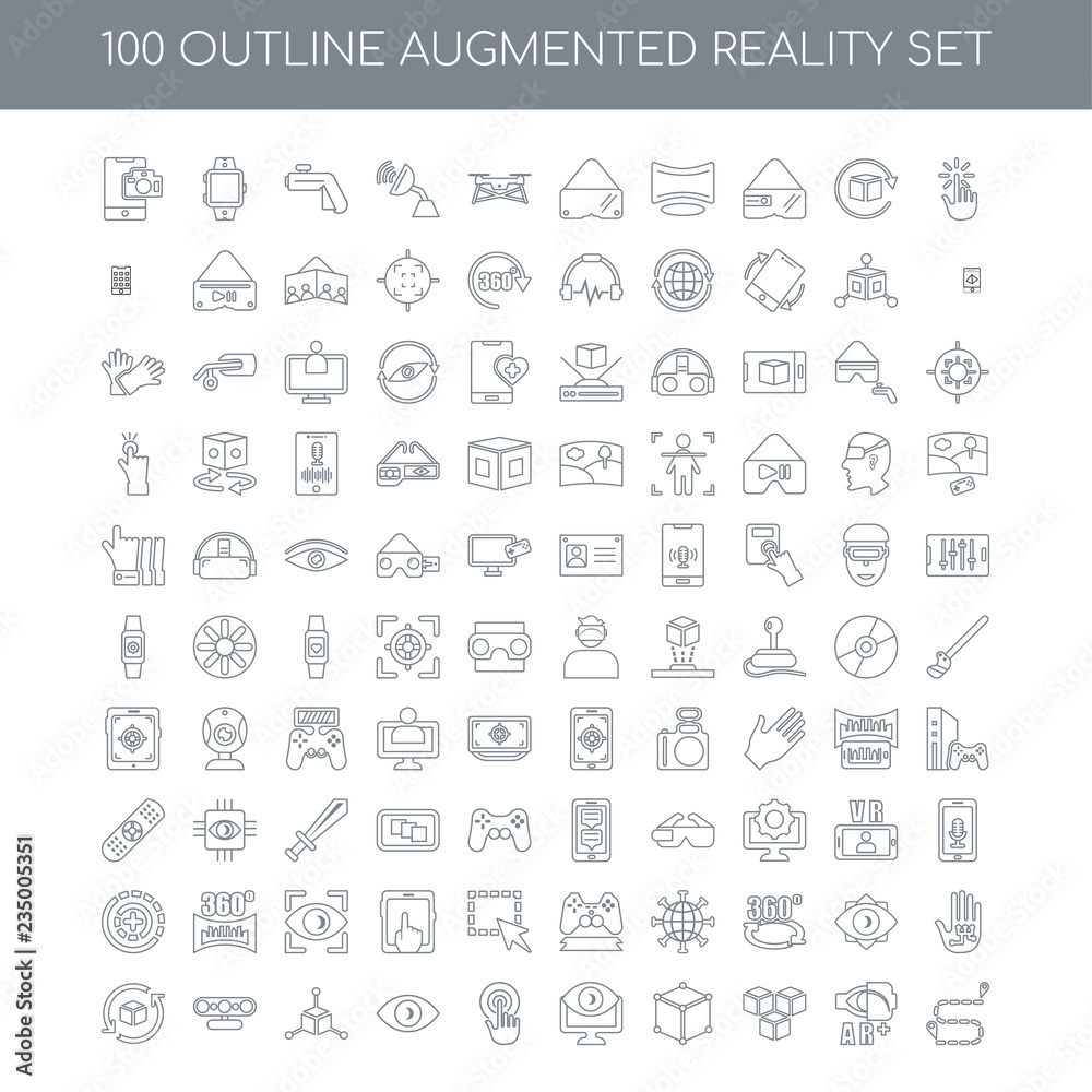 100 Augmented Reality outline icons set such as Interactivity li
