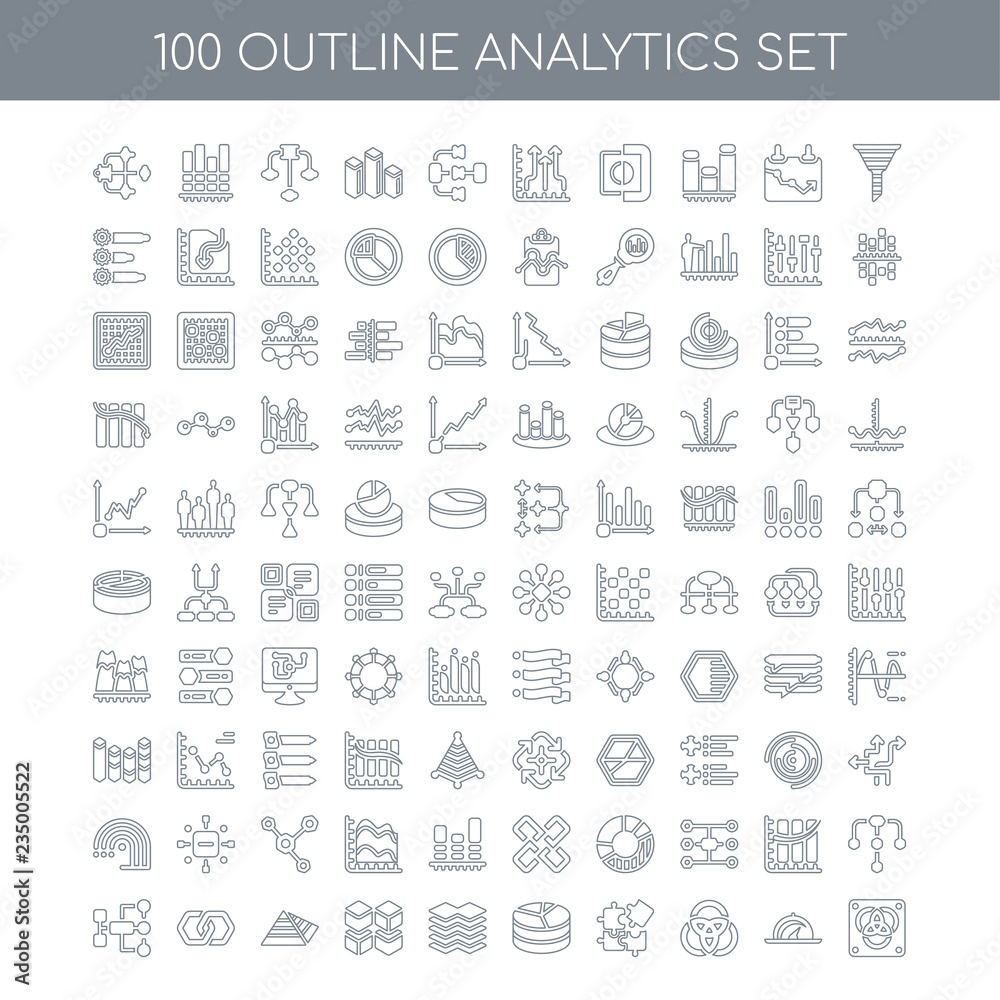 100 Analytics outline icons set such as Funnel linear, Speedomet