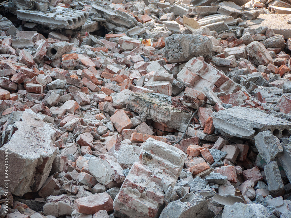 Rubble of destroyed/demolished brick buildings. 