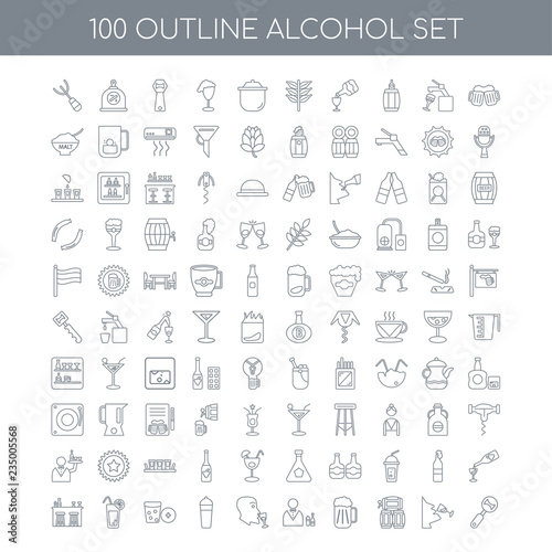 100 Alcohol outline icons set such as Cheers linear, Wine tastin