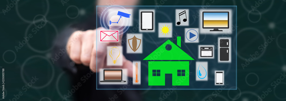 Man touching a smart home concept Man touching a smart home concept