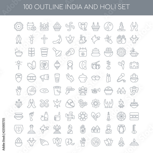100 India and Holi outline icons set such as,