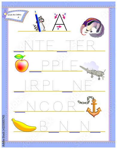 Tracing letter A for study English alphabet. Worksheet for kids. Logic puzzle game. Education page for kindergarten. Developing children skills for writing and reading. Vector cartoon image.