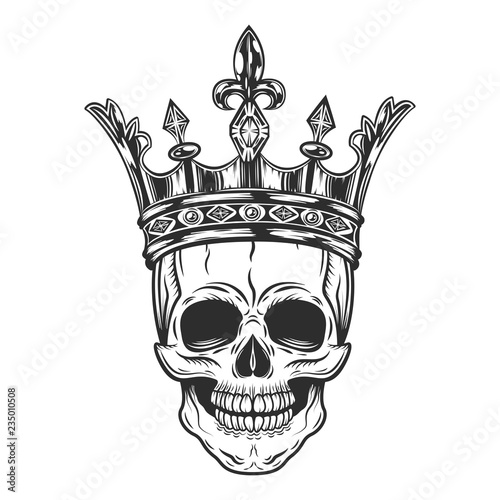 Vintage prince skull in crown monochrome isolated vector illustration