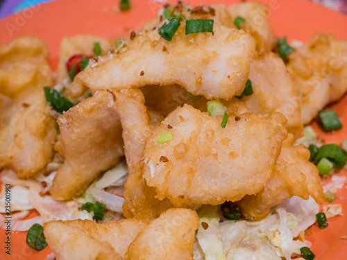 Close up shot of a Chinese style deep fried fish