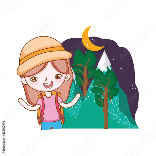 little tourist girl in the camp on the night