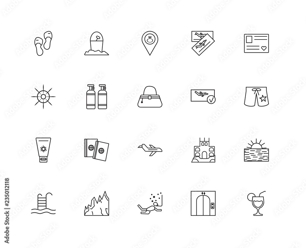 Collection of 20 travel linear icons such as Sun protection, Coc