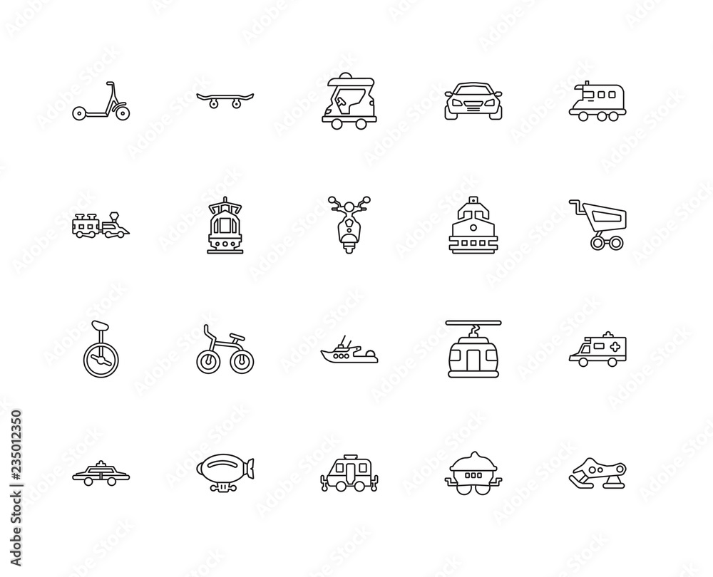 Collection of 20 Transport linear icons such as Snowmobile, Wago