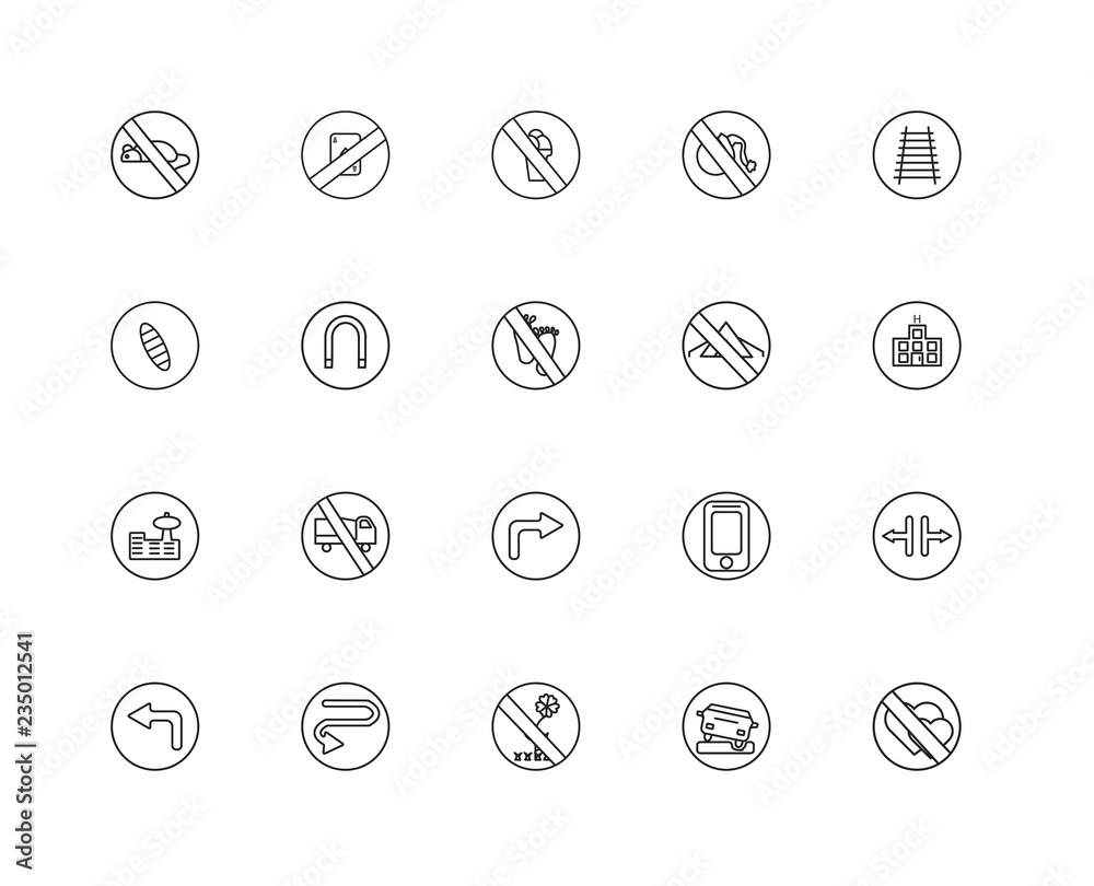 Collection of 20 traffic signs linear icons such as Airport, Lov Collection of 20 traffic signs linear icons such as Airport, Lov