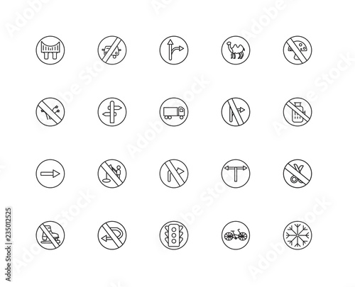 Collection of 20 traffic signs linear icons such as One way, Fro
