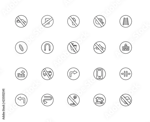 Collection of 20 traffic signs linear icons such as Airport, Lov