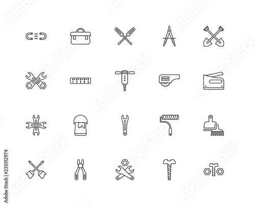 Collection of 20 tools linear icons such as Nuts and Bolts, Gara