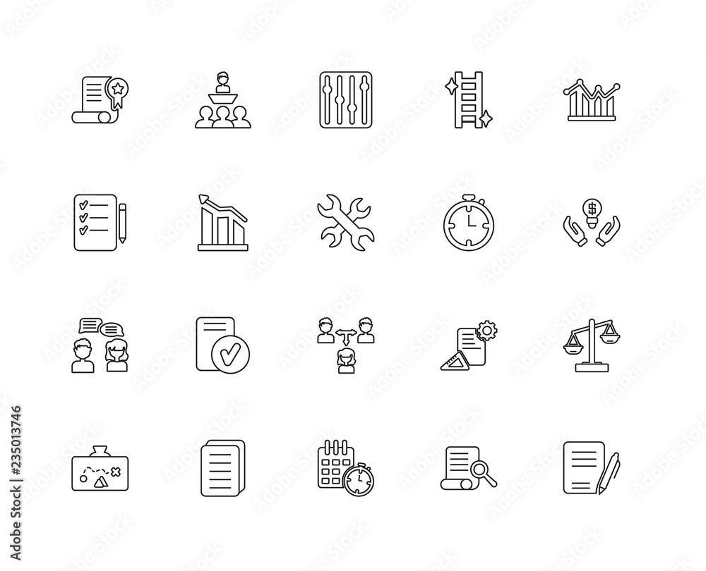Collection of 20 Strategy linear icons such as Chat, Contract, S