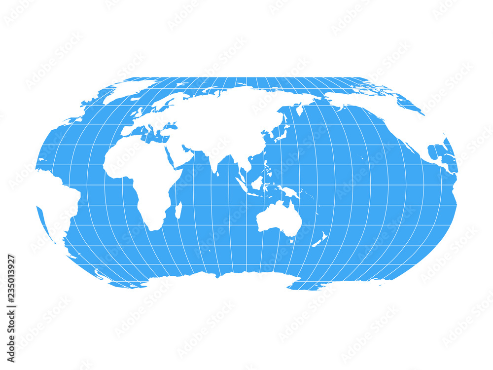 World Map in Robinson Projection with meridians and parallels grid. Asia and Australia centered. White land and blue sea. Vector illustration.